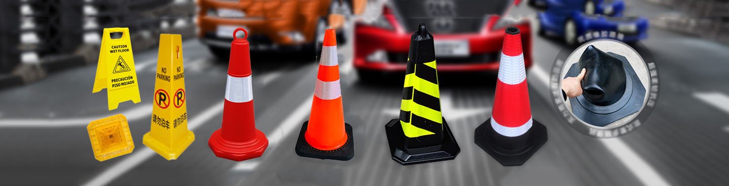Traffic cones, wet floor signs, and no parking markers
