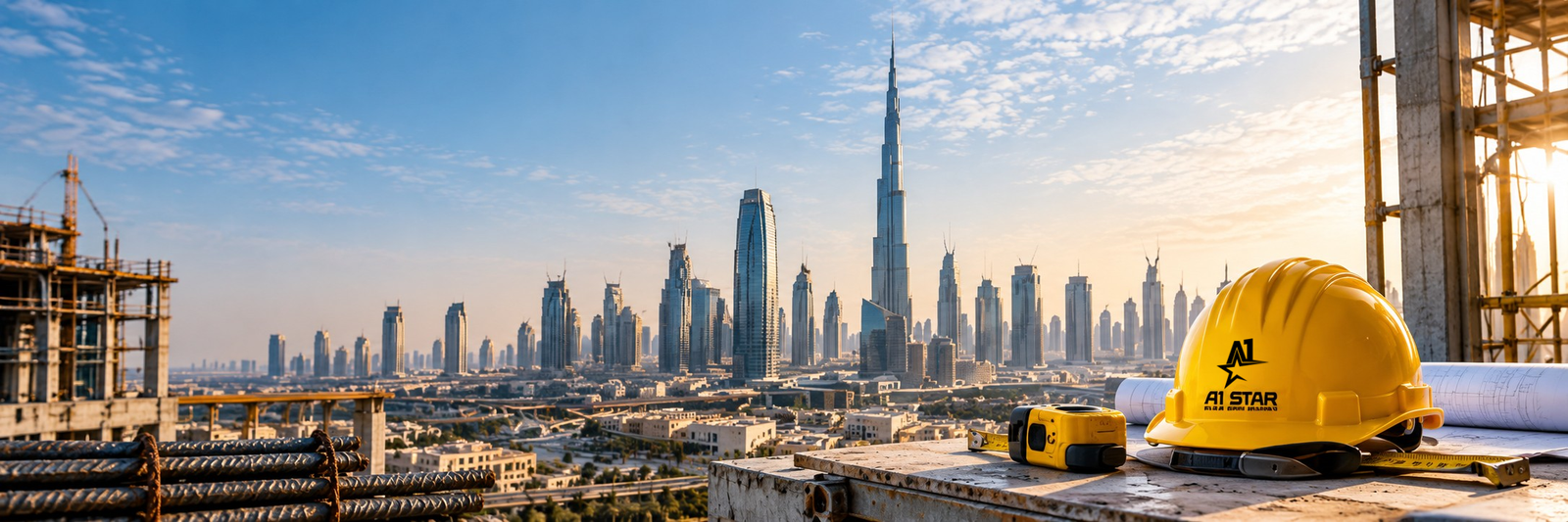 Dubai skyline seen from an A1 Star construction site with an A1 Star safety helmet in the foreground