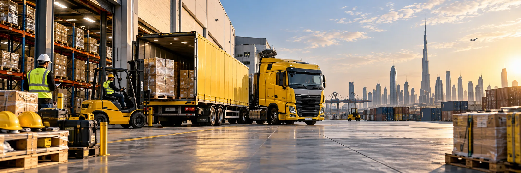 Safety products loaded for delivery at an A1 Star Dubai warehouse with the city skyline behind