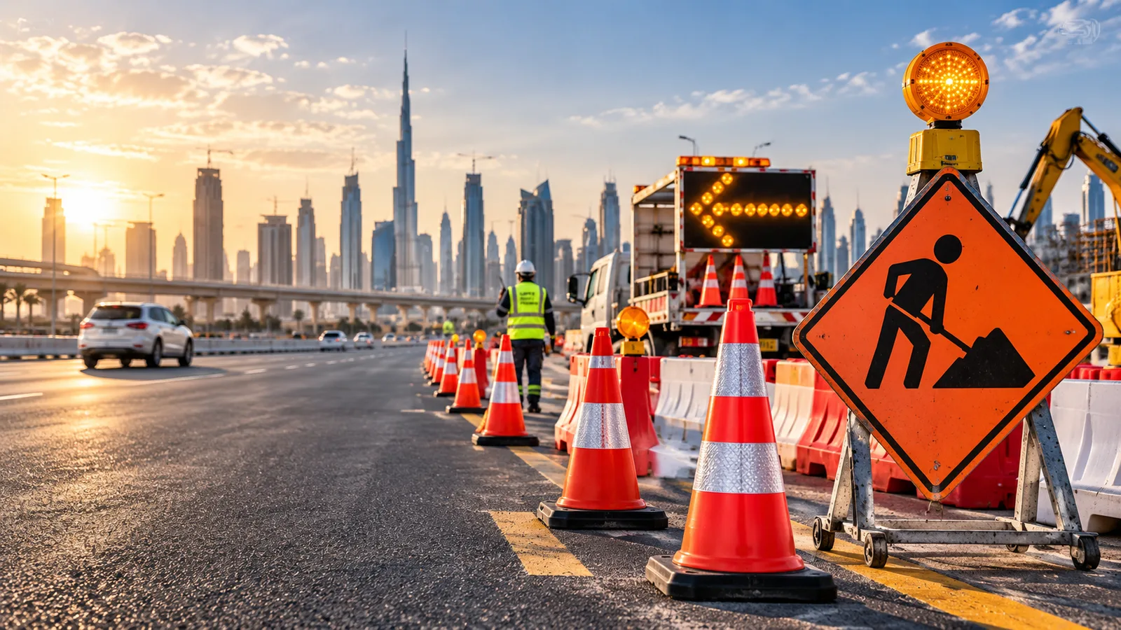 Road works with traffic cones and warning signage