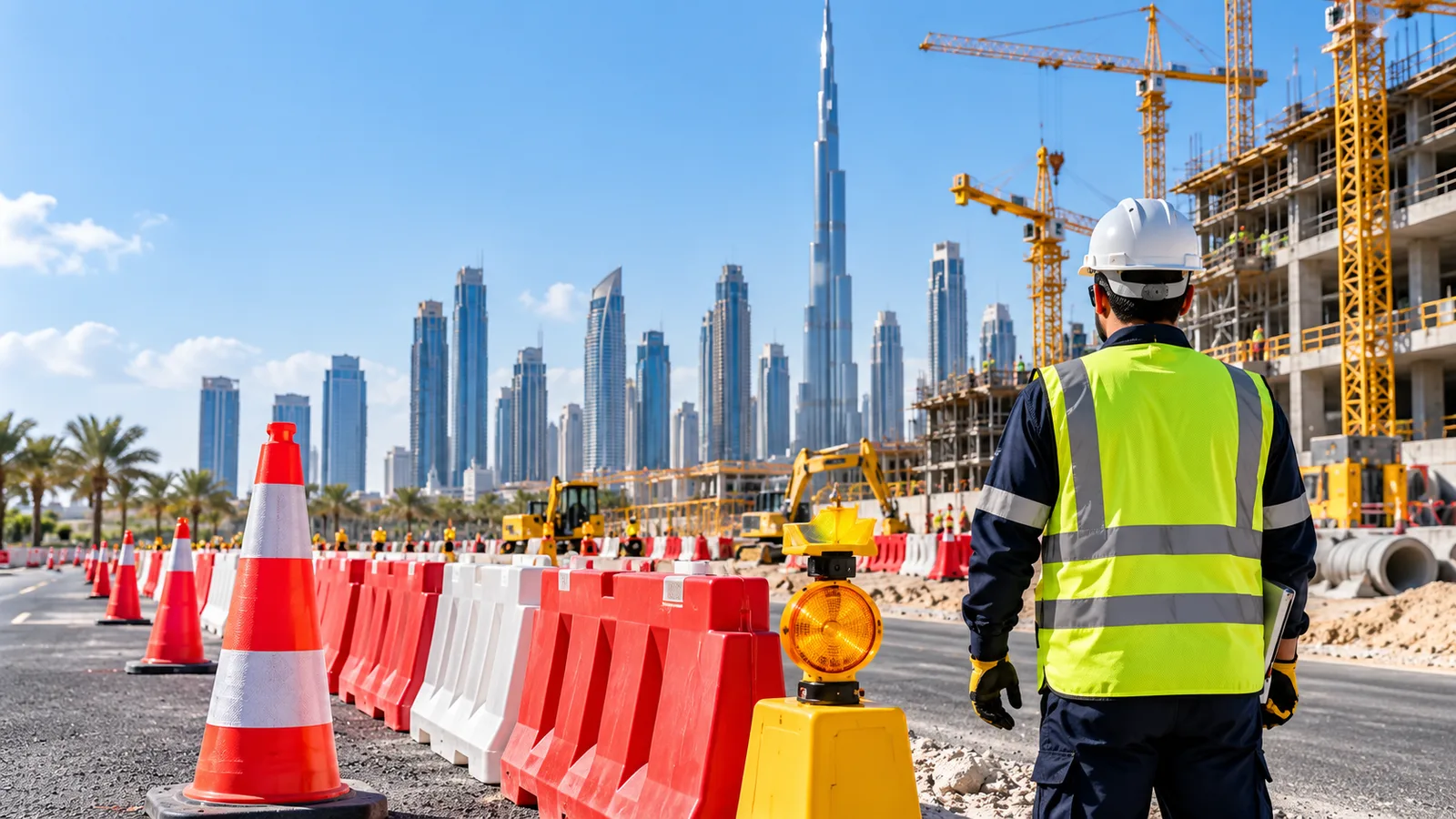 Road safety cone and worker on a Dubai construction site