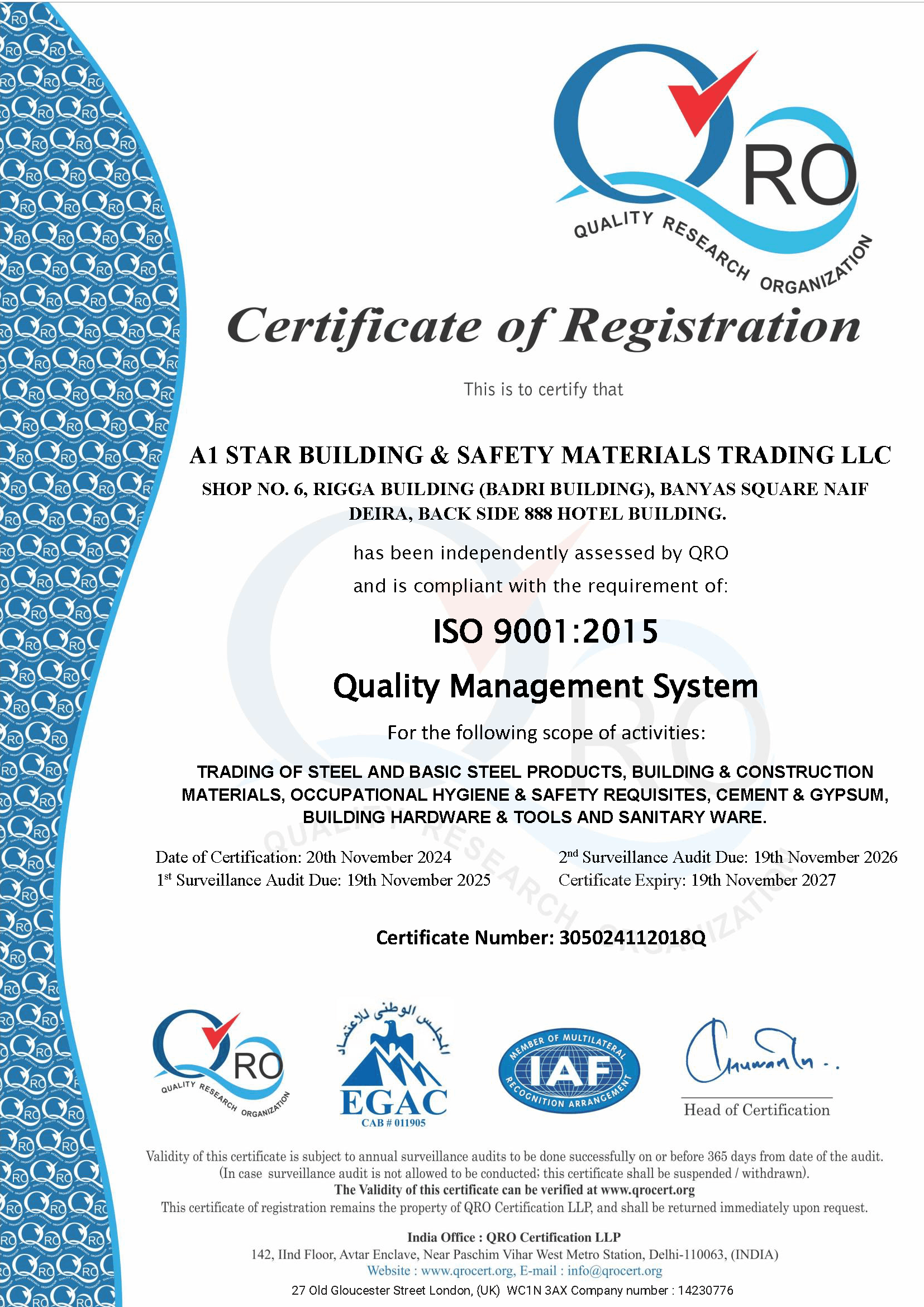 ISO 9001:2015 Certificate of Registration for A1 Star Building & Safety Trading LLC